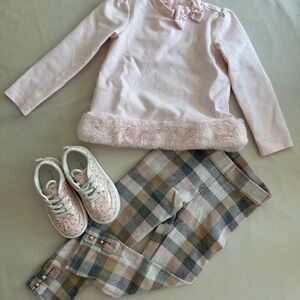 Janie and Jack Light Pink Bow Collar Top and Plaid Leggings 3T